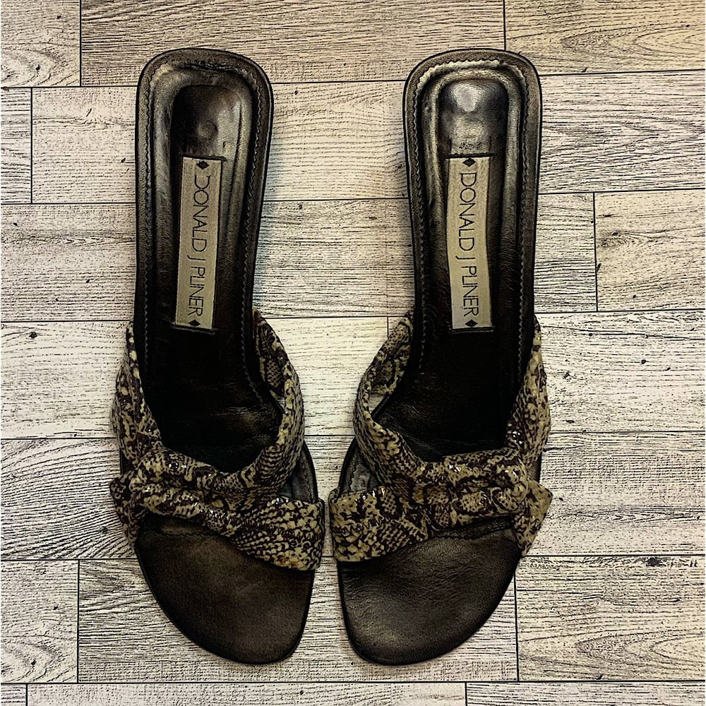 Donald J Pliner  
Snake Skin Patterned Low Open Toe Heels